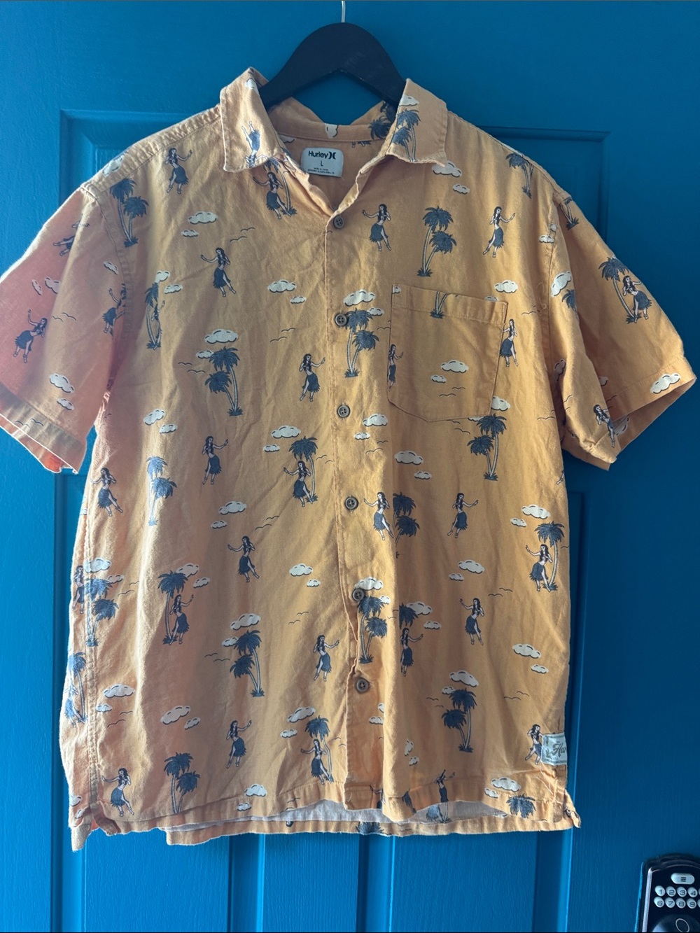 Hurley Orange Short-Sleeve Button-Up Shirt with Palm & Hula Print